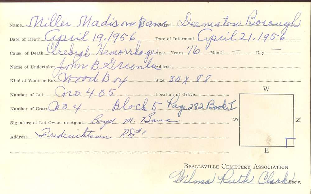 Miller Madison Bane burial card